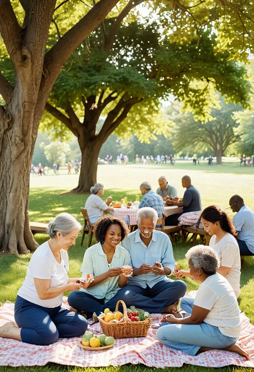 A warm, inviting scene depicting diverse individuals of various ages and backgrounds engaging in compassionate caregiving activities, such as hugging, sharing meals, and providing support in a serene park setting surrounded by nature. Soft, golden sunlight filters through the trees, creating an atmosphere of warmth and connection. Include symbols of emotional wellness, like heart shapes and mindfulness icons subtly integrated into the design. dreamy illustration. soft pastels. harmonious composition.