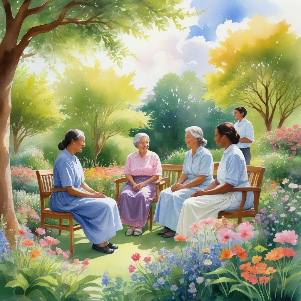 A serene scene depicting a diverse group of caregivers in a sunlit garden, actively engaging with individuals in need of care. The caregivers, representing different cultures and ages, demonstrate compassion through gentle gestures and warm smiles. Surrounding them are vibrant flowers and soft greenery that symbolize growth and healing, creating an atmosphere of warmth and connection. The sky is clear with soft clouds, conveying tranquility and hope. watercolor illustration. soft colors. uplifting atmosphere.